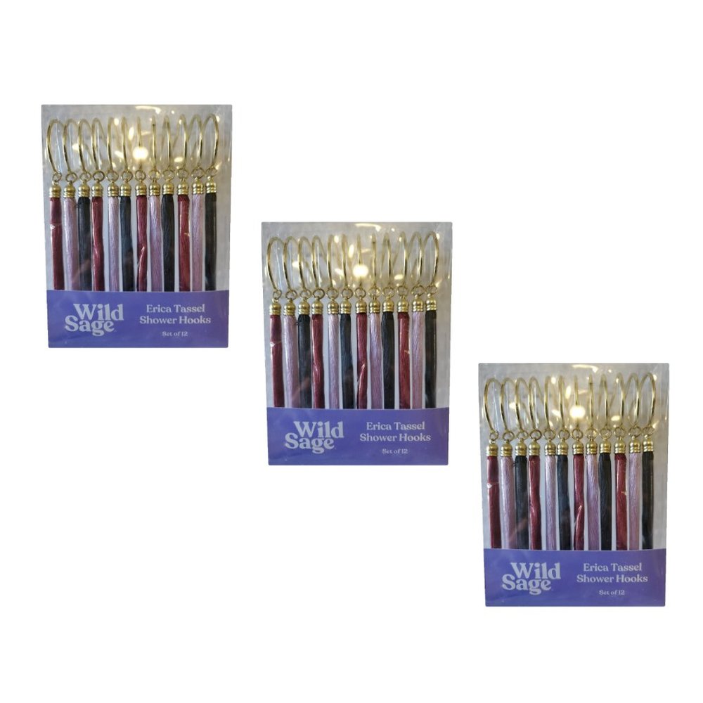 3 Sets Wild Sage ERIKA Tassels Goldtone Shower Curtain Hooks - 12 hooks per set